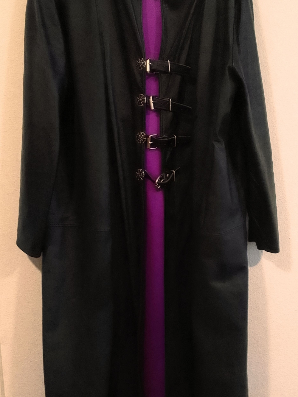 Black Leather Long Trench Coat with Buckle Closures